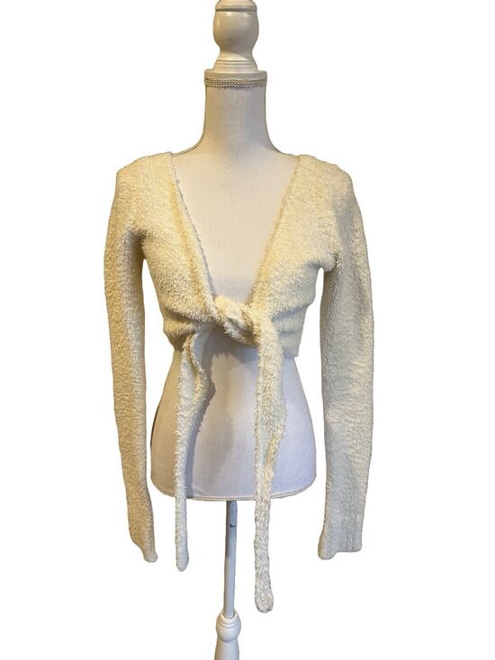 Sweaters - Cream Tie-Front Fuzzy Knit Cardigan